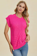 Trendsi Double Take Full Size Cable-Knit Round Neck Cap Sleeve Sweater - Shirts