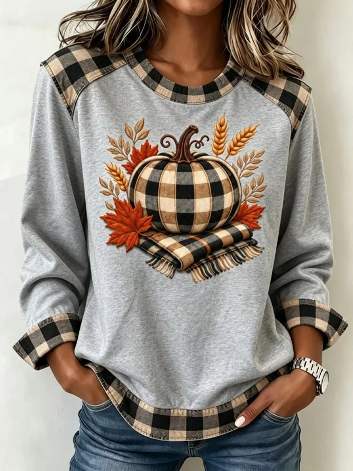 Gray pumpkin-patchwork sweatshirt, front view
