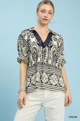 Trendsi Umgee Two Tone Boarder Print Top -