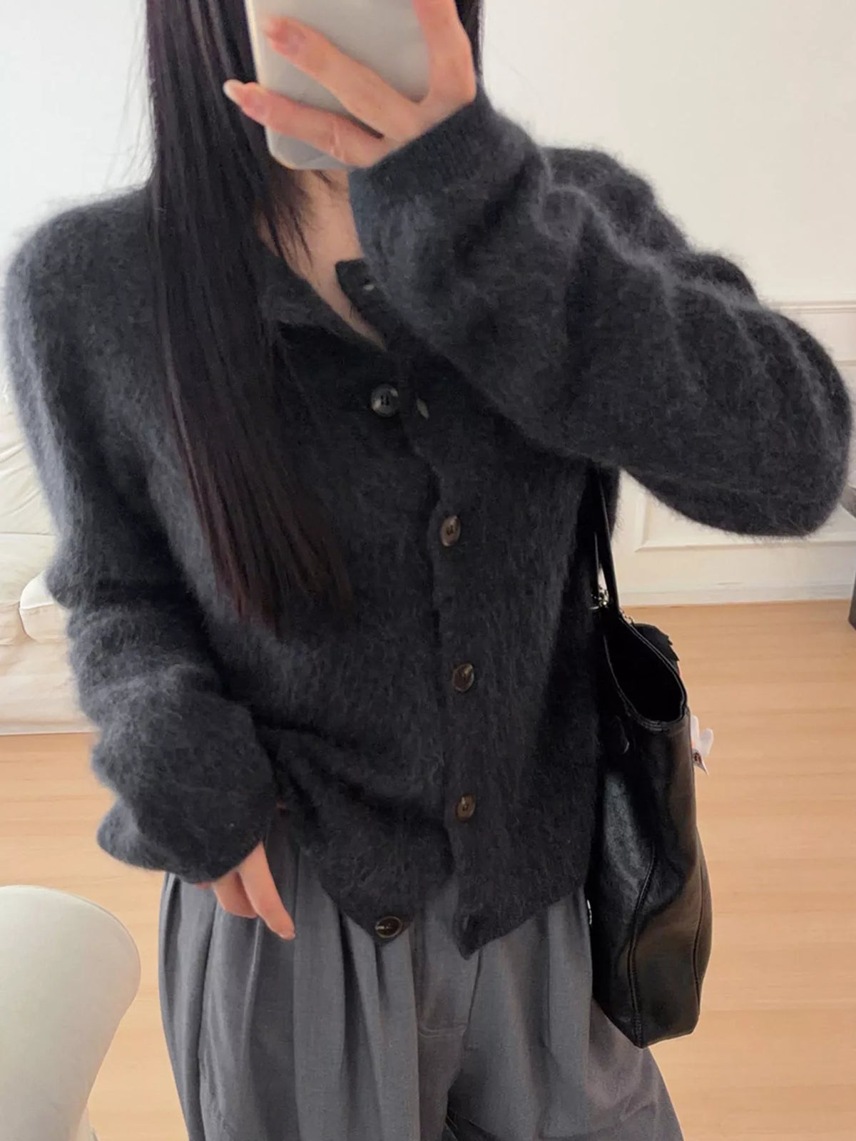 Black fuzzy button up cropped cardigan