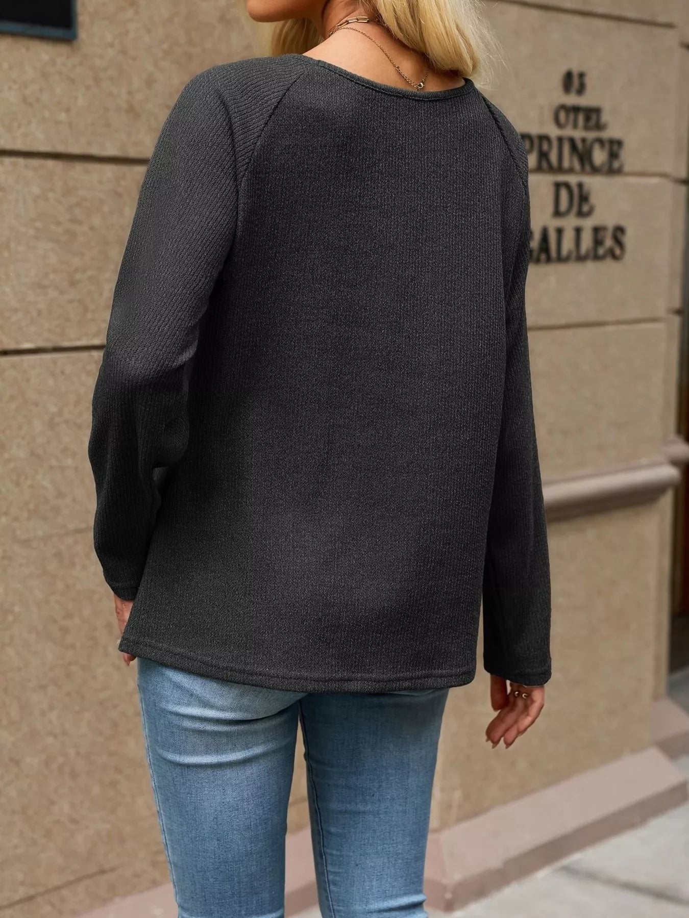 Trendsi Ribbed Knit Raglan Sleeve T-Shirt -