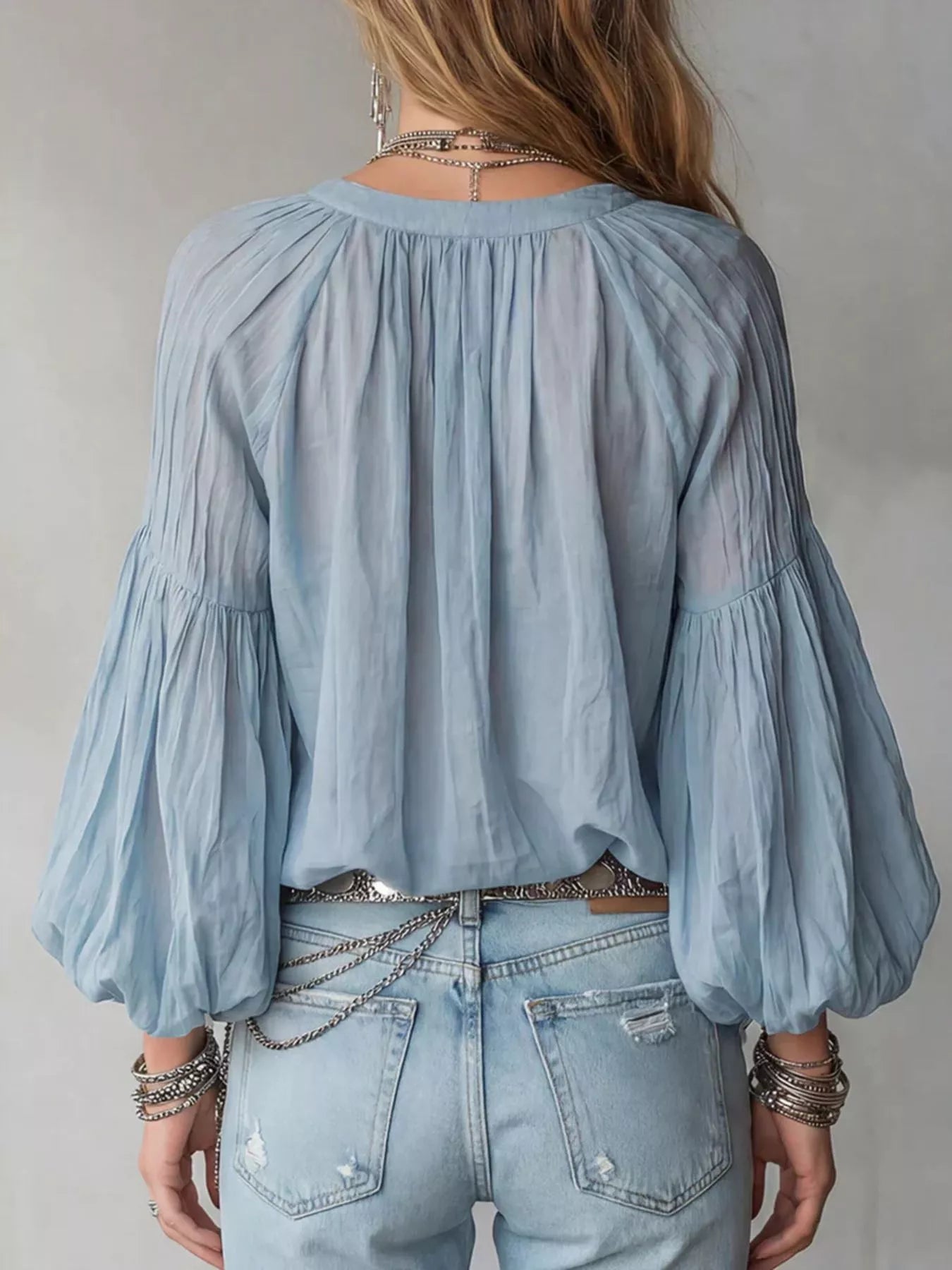 Trendsi Notched Balloon Sleeve Blouse -