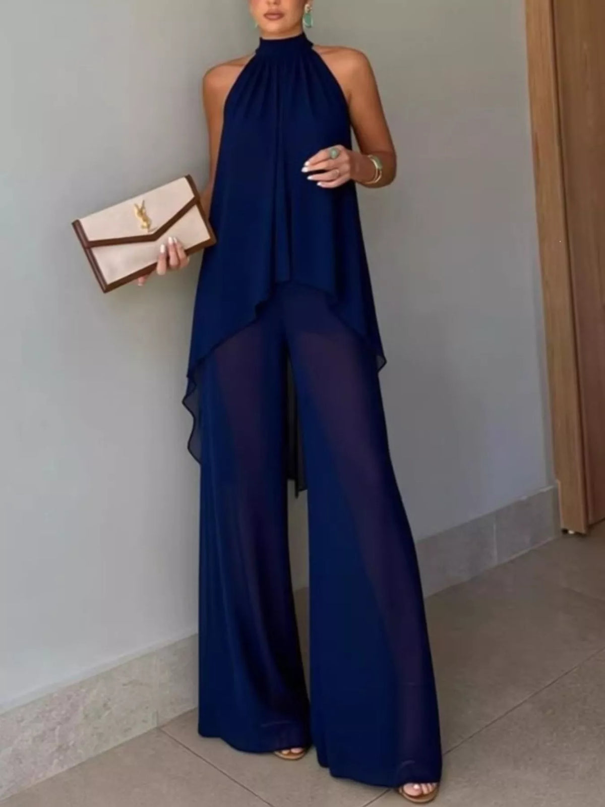 Navy Blue High-Low Sleeveless Top & Wide-Leg Pants Set front view
