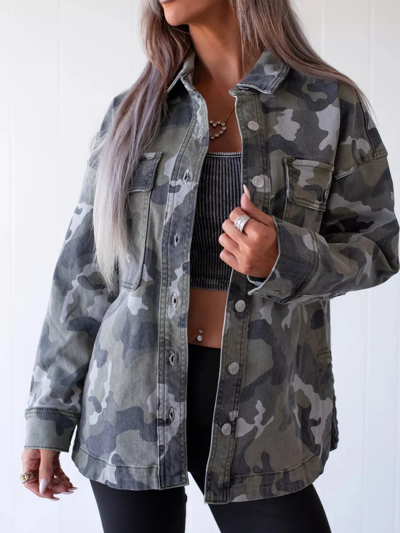 Trendsi Camouflage Print Button Up Denim Jacket -