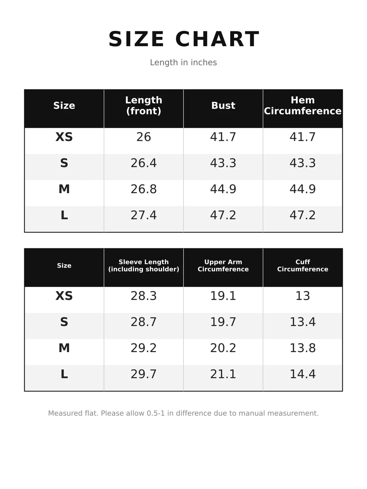 Size and measurement chart for long-sleeve jacket