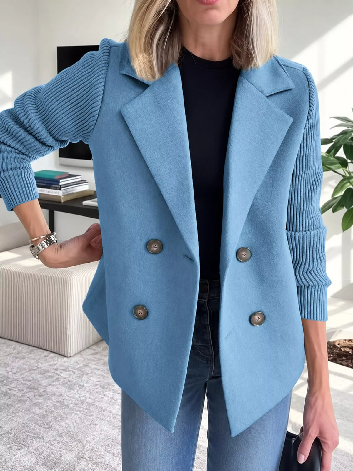Blue double-breasted lapel collar blazer — front view