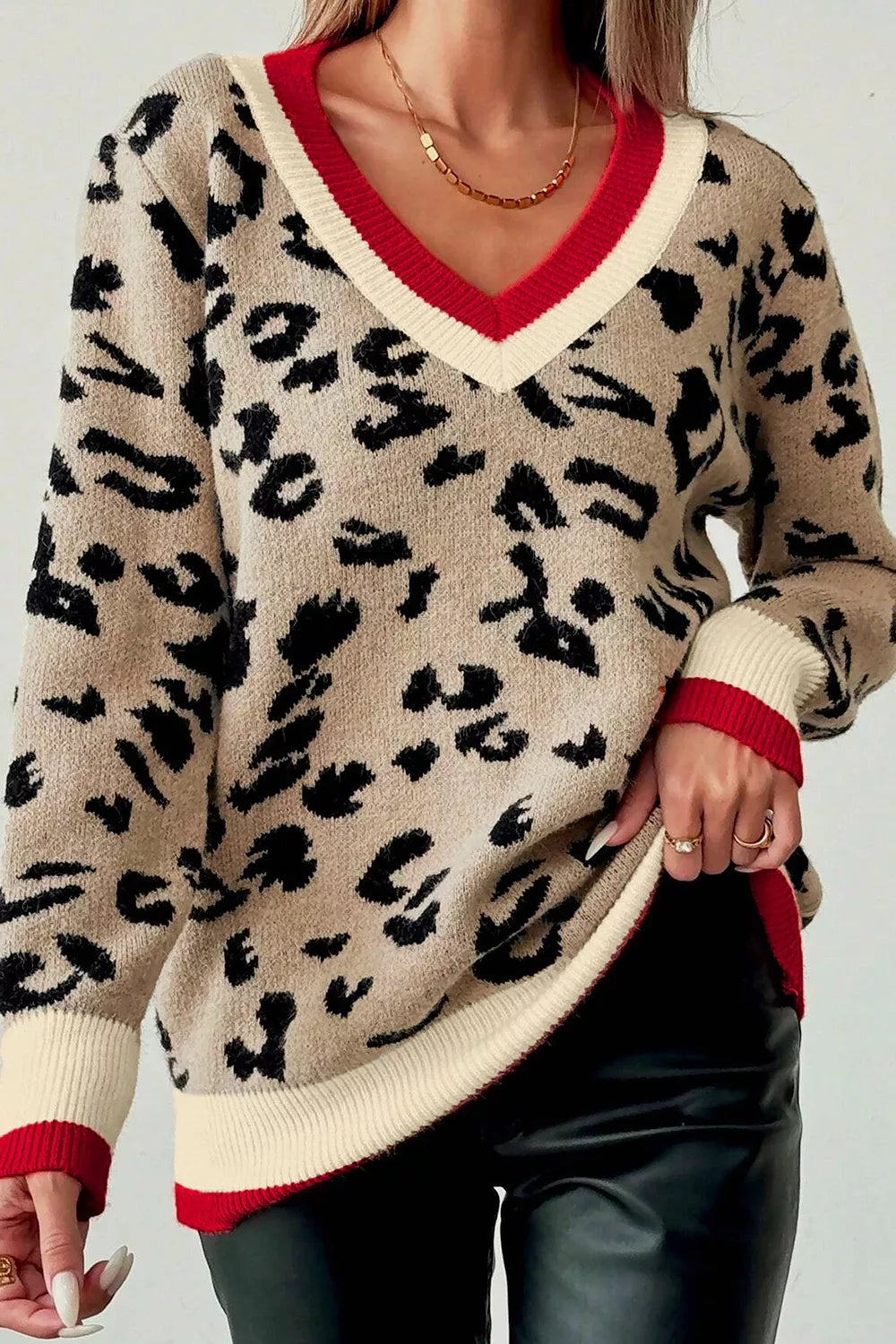 Trendsi Leopard Pattern V-Neck Contrast Rib Knitted Sweater -