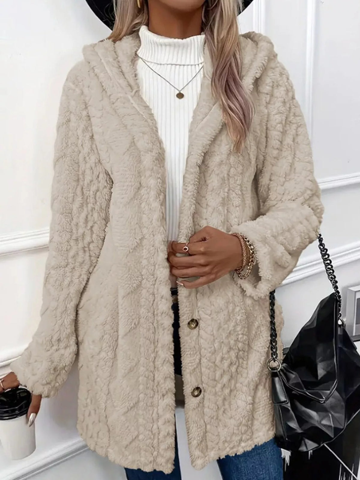 Beige cable knit faux fur hooded jacket