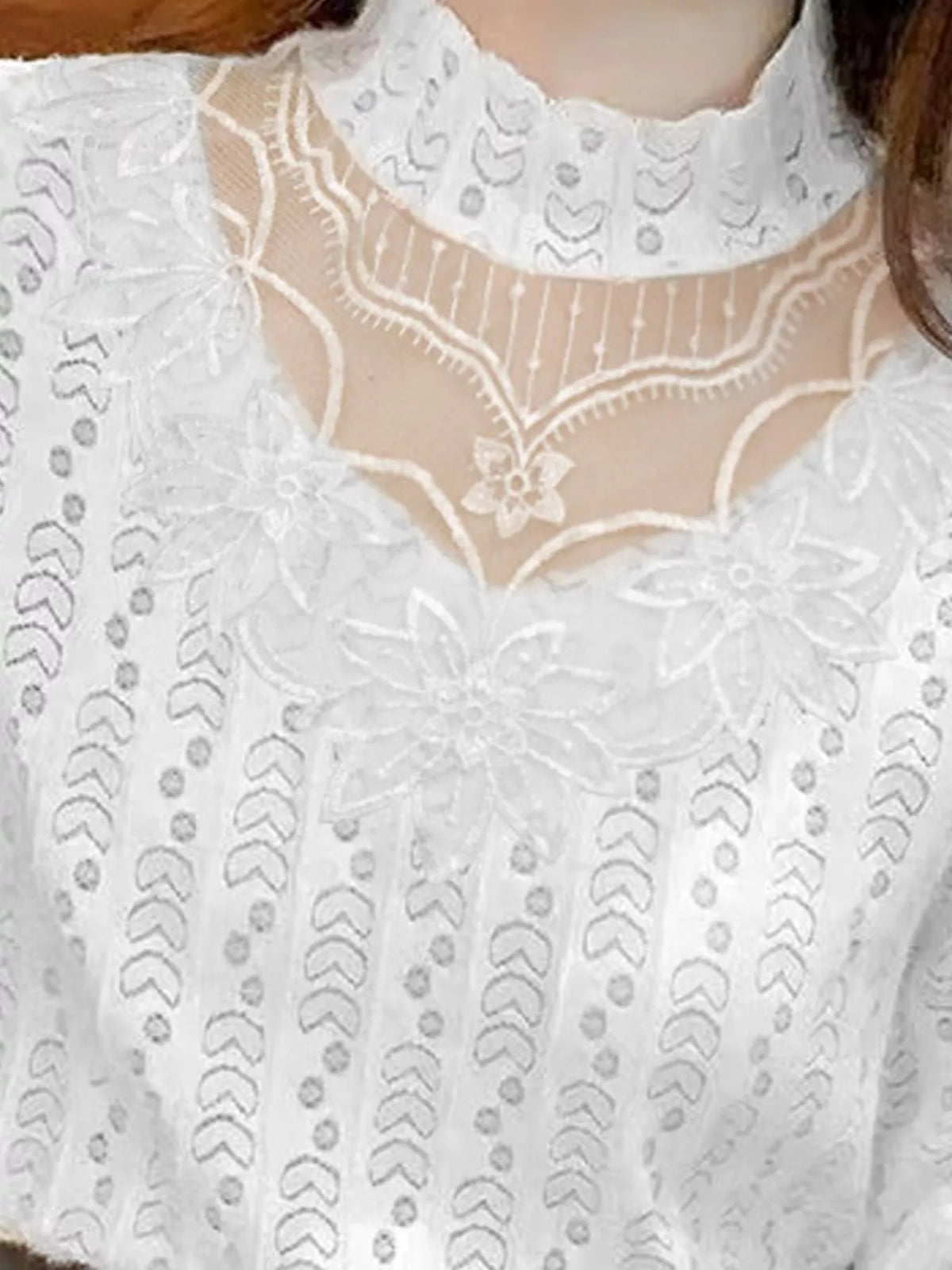 White-Double Layer Lined Opaque mock neck sheer floral lace blouse, detail view