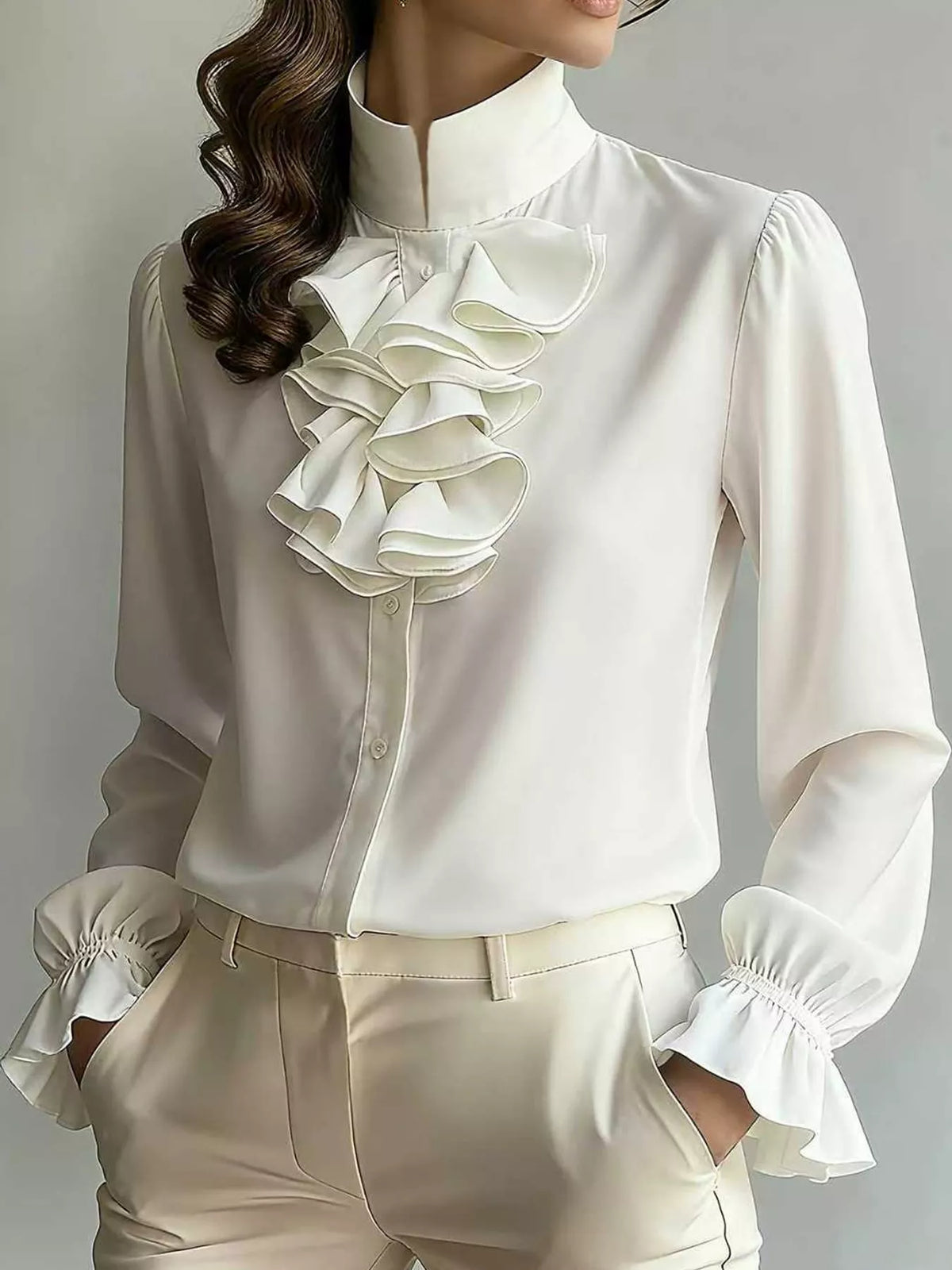 Ruffled Stand-Collar Blouse with Long Lantern Sleeves, front view