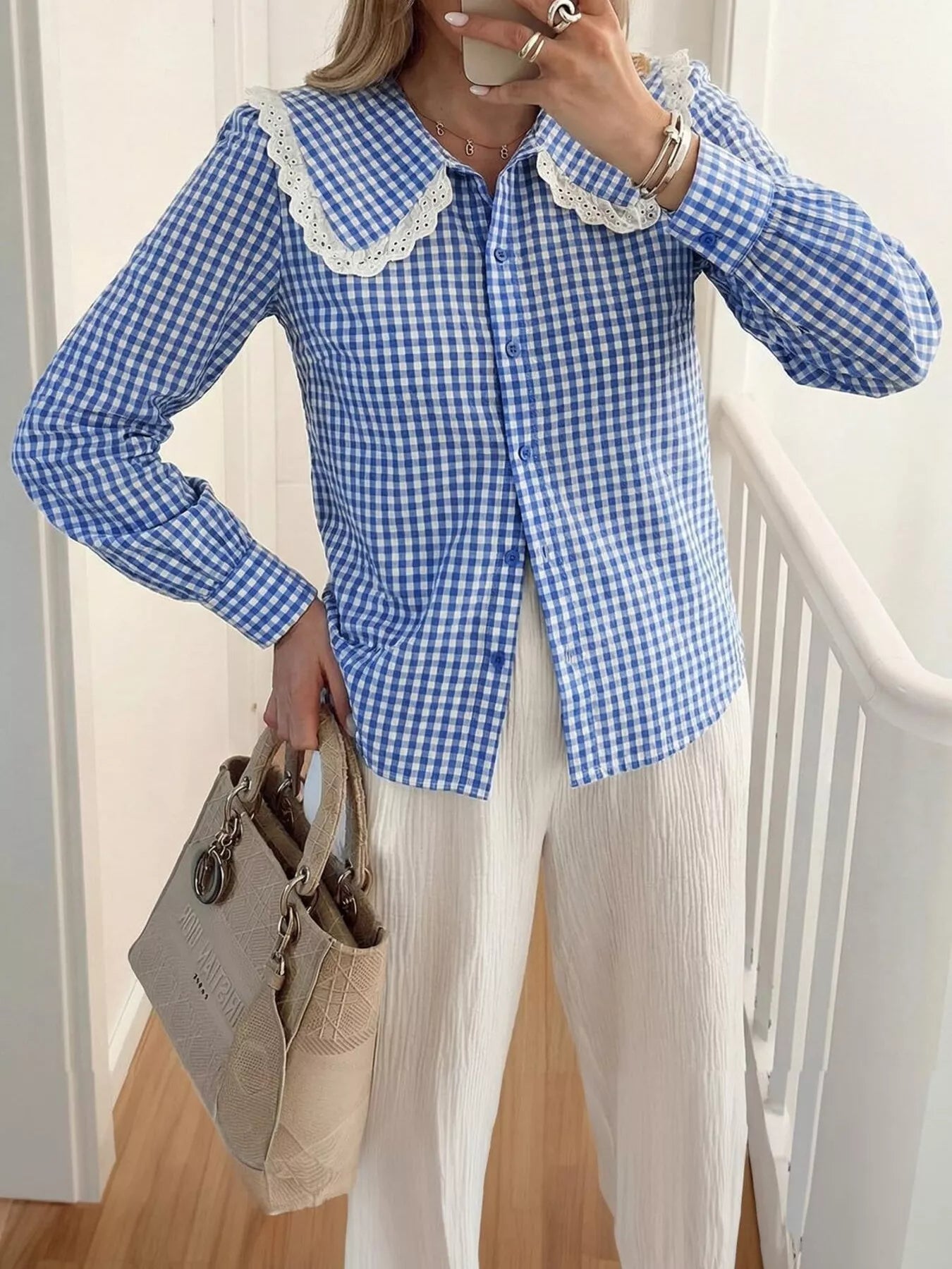 Trendsi Lace Peter Pan Collar Button Up Shirt -
