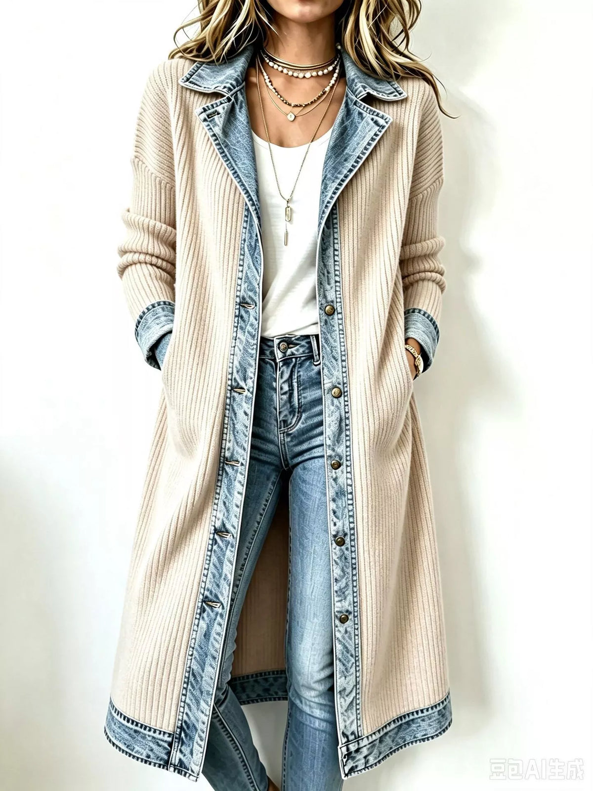 Apricot Genuine Denim denim-trimmed ribbed knit longline cardigan
