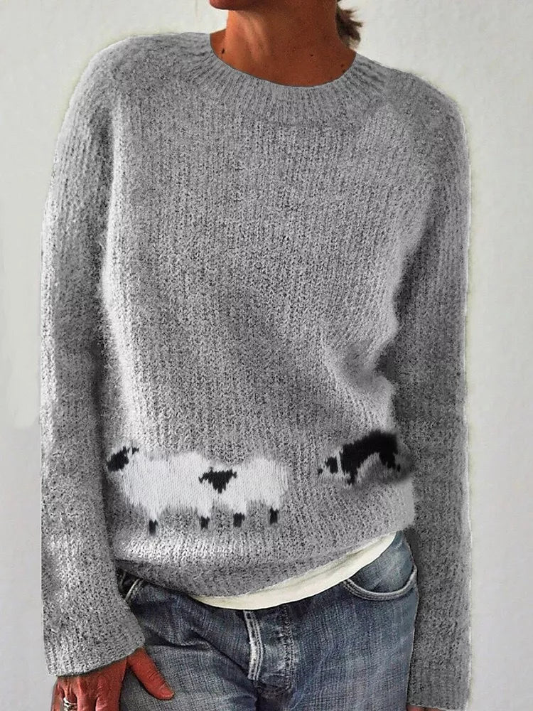 Sheep Pattern Round Neck Sweater in gray, front view
