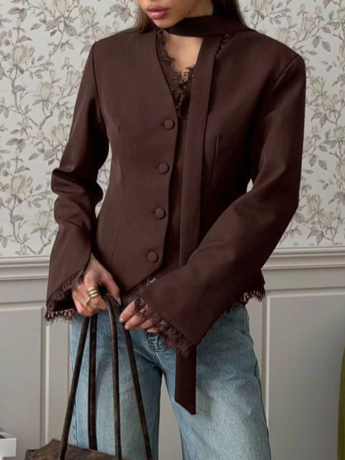 Trendsi Lace Trim Button Up Blazer -
