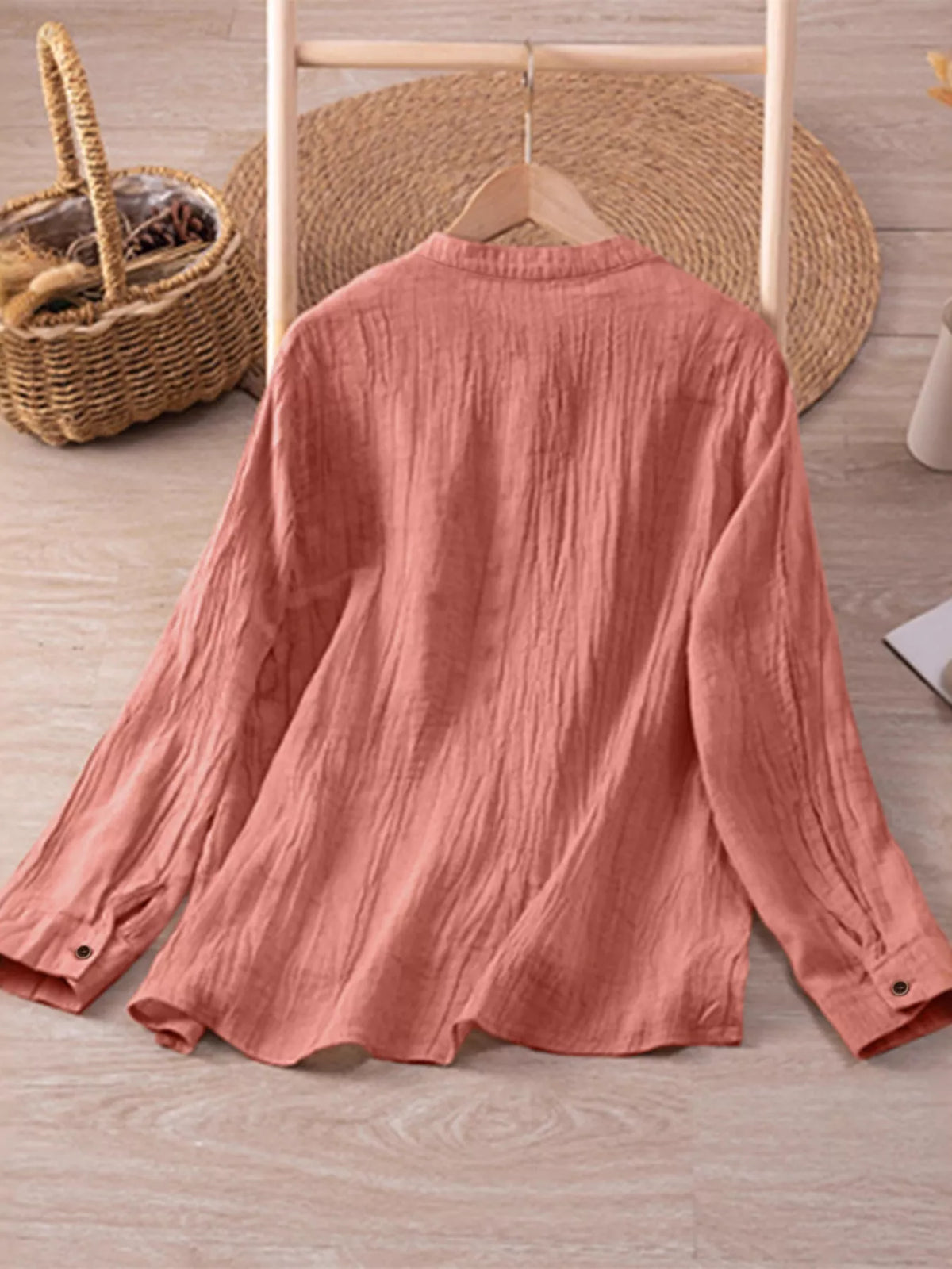 Textured Button-Down Shirt with Chest Pocket in pink, back on hanger view