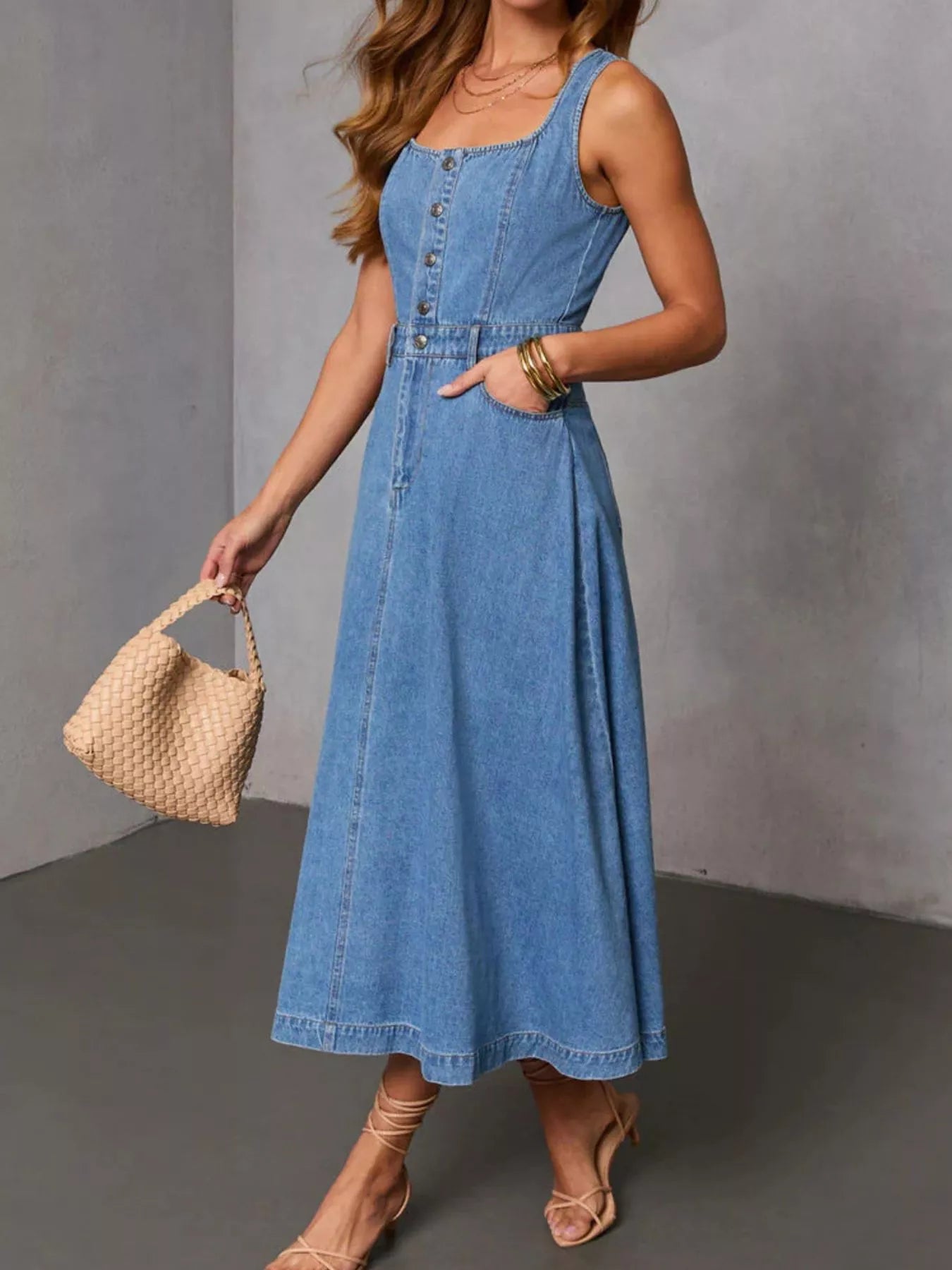 Trendsi Sleeveless Button-Down Denim Midi Dress -