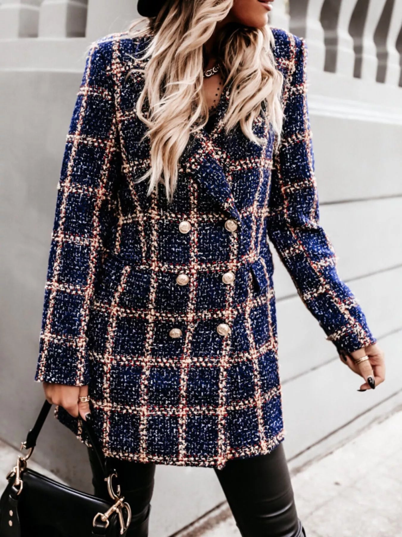 Trendsi Plaid Tweed Double-Breasted Coat -