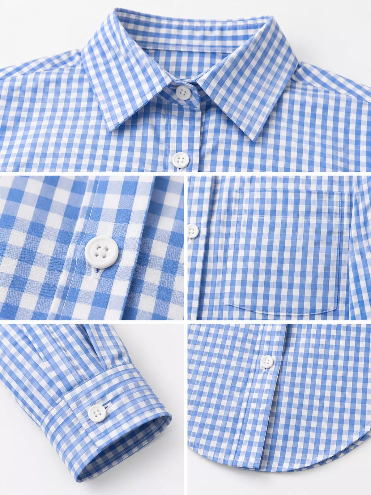 Light blue and white plaid button-down shirt, collar, buttons, chest pocket, cuff, and curved hem close-ups