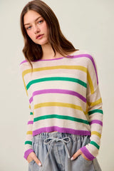 Trendsi SO ME Mardi Gras Color Stripe Lightweight Sweater Top -