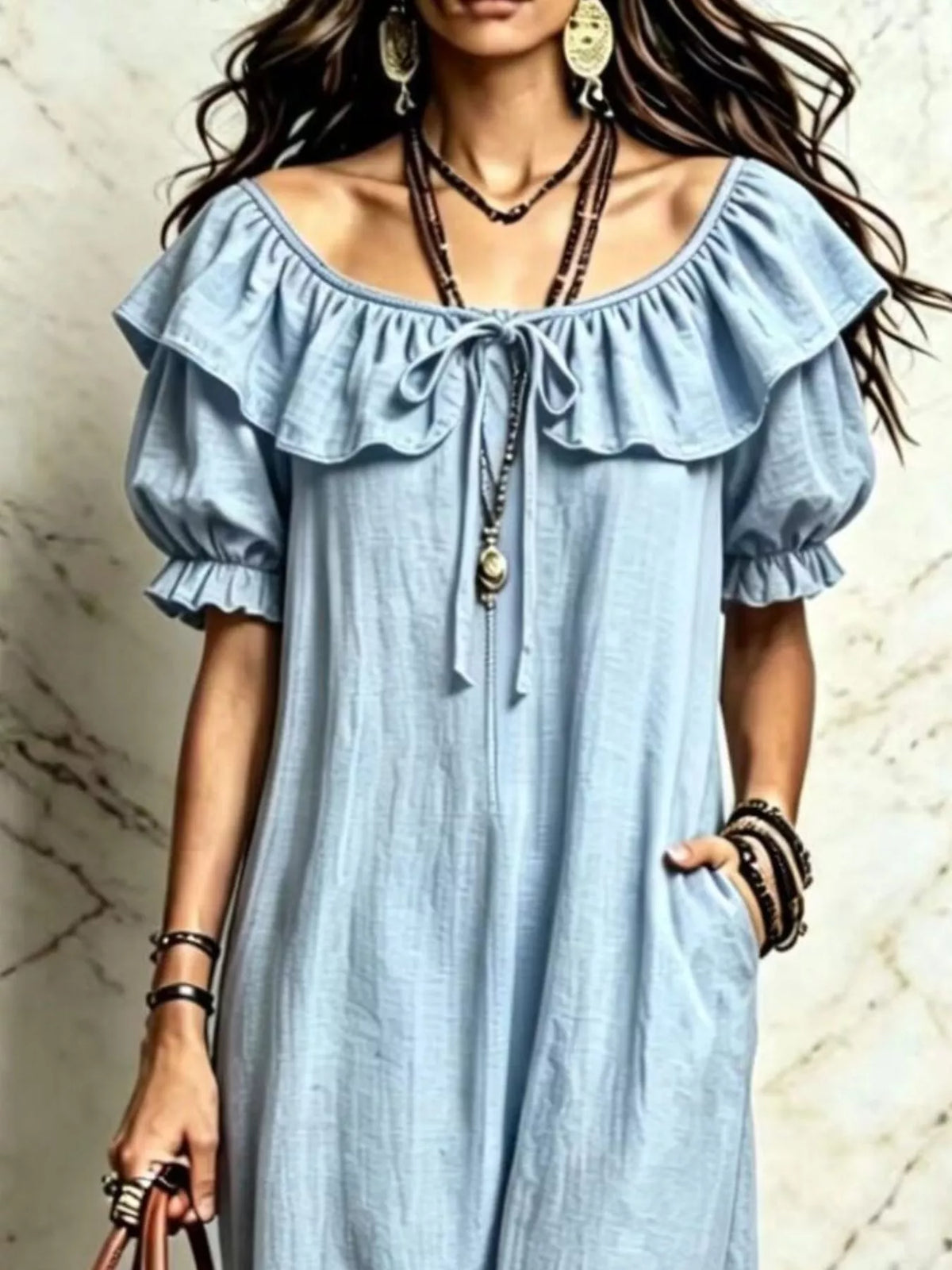Women's Ruffle-Trim Off-Shoulder Puff-Sleeve Maxi Dress - alternate view 2