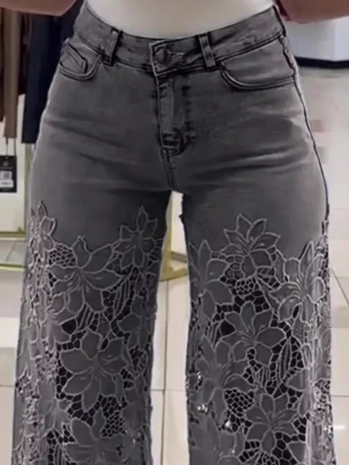 Gray lace cutout wide-leg jeans — design and construction details