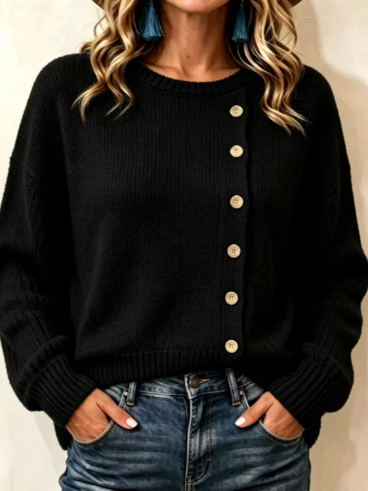 Decorative-button sweater, black front