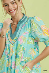 Trendsi Umgee Botanical Print Dress with Smocked Cuffs -