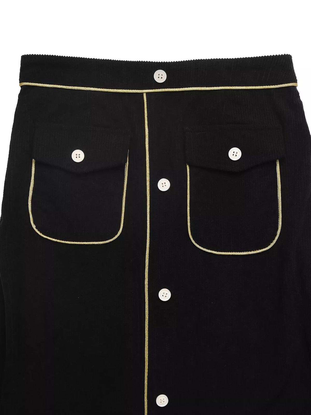 Black corduroy button-front midi skirt, front waist detail