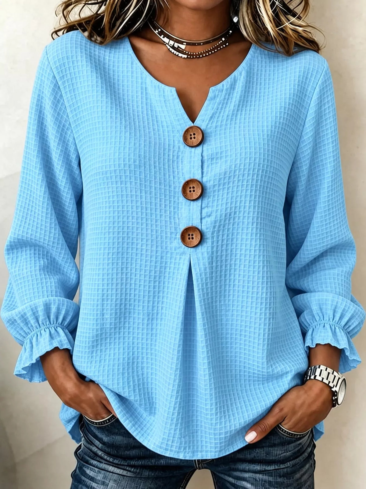 Women's Waffle Knit Flounce Sleeve Blouse in light blue — front view