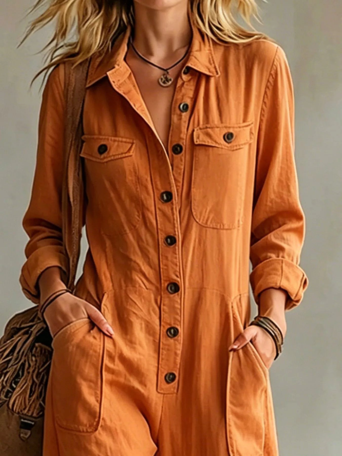 Trendsi Full Size Long Sleeve Button Front Jumpsuit Plus Size -