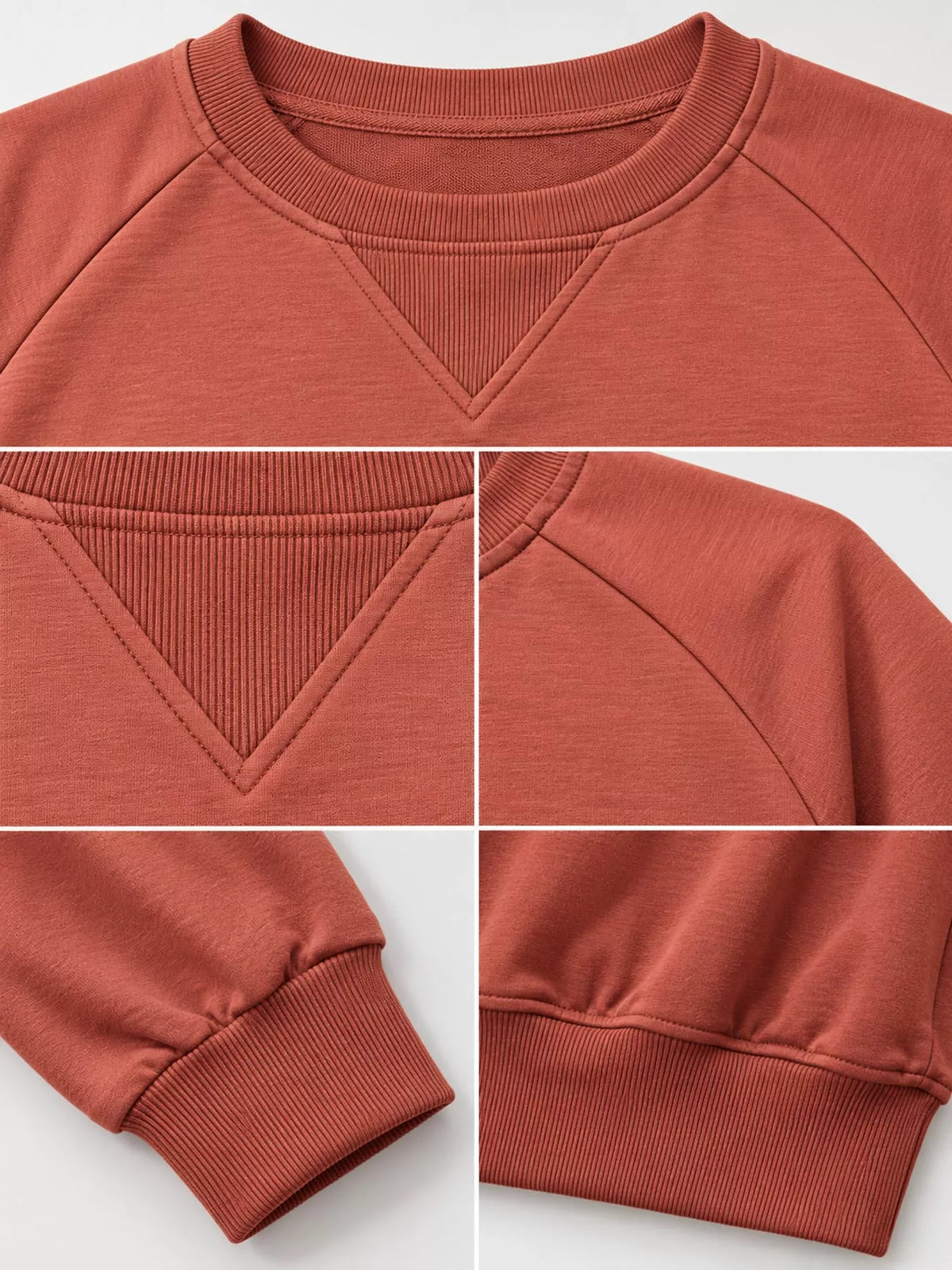 Rust crew neck raglan sleeve sweatshirt, neckline, seams, and ribbed edges