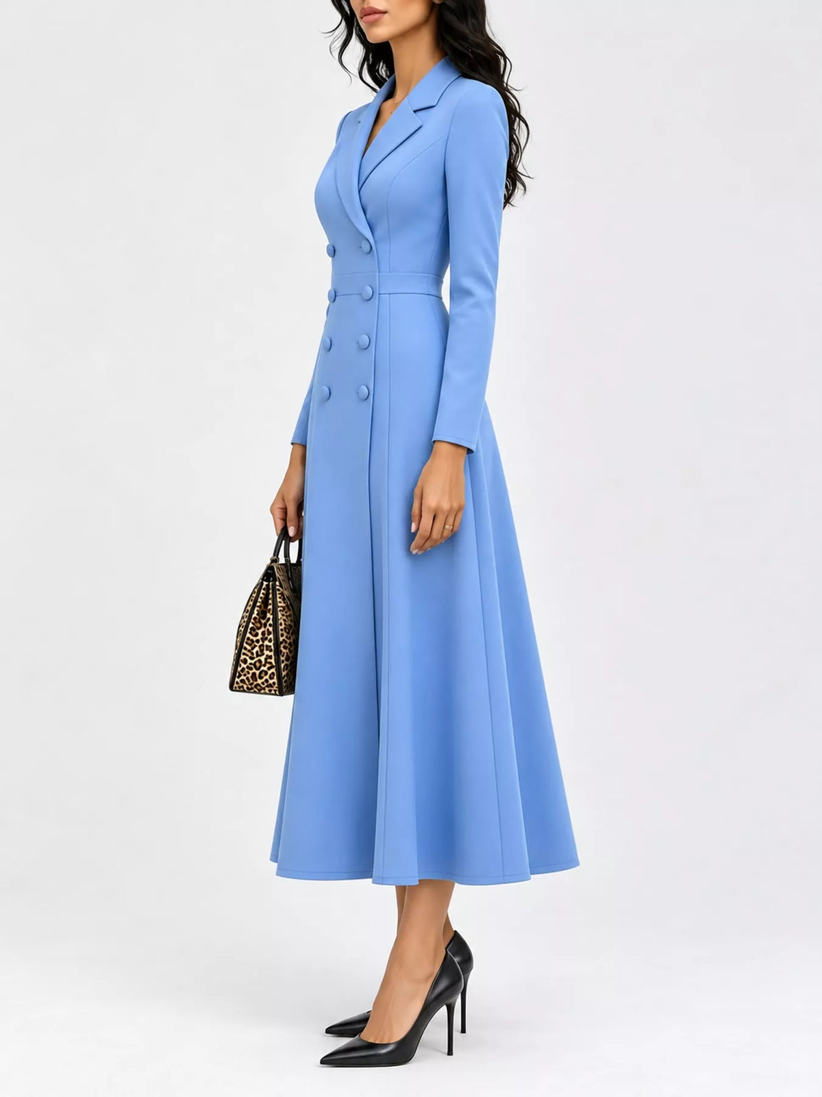 Blue double-breasted lapel collar midi dress — side view