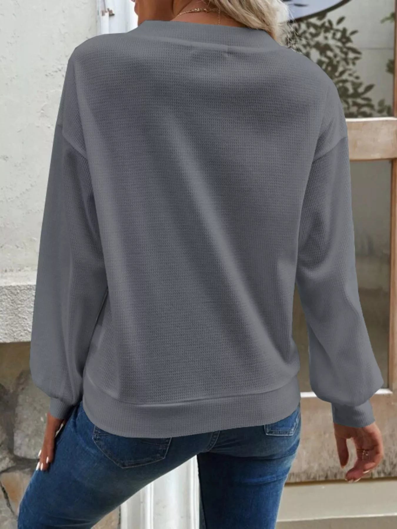 Trendsi Casual V-Neck Waffle Long Sleeve Top -