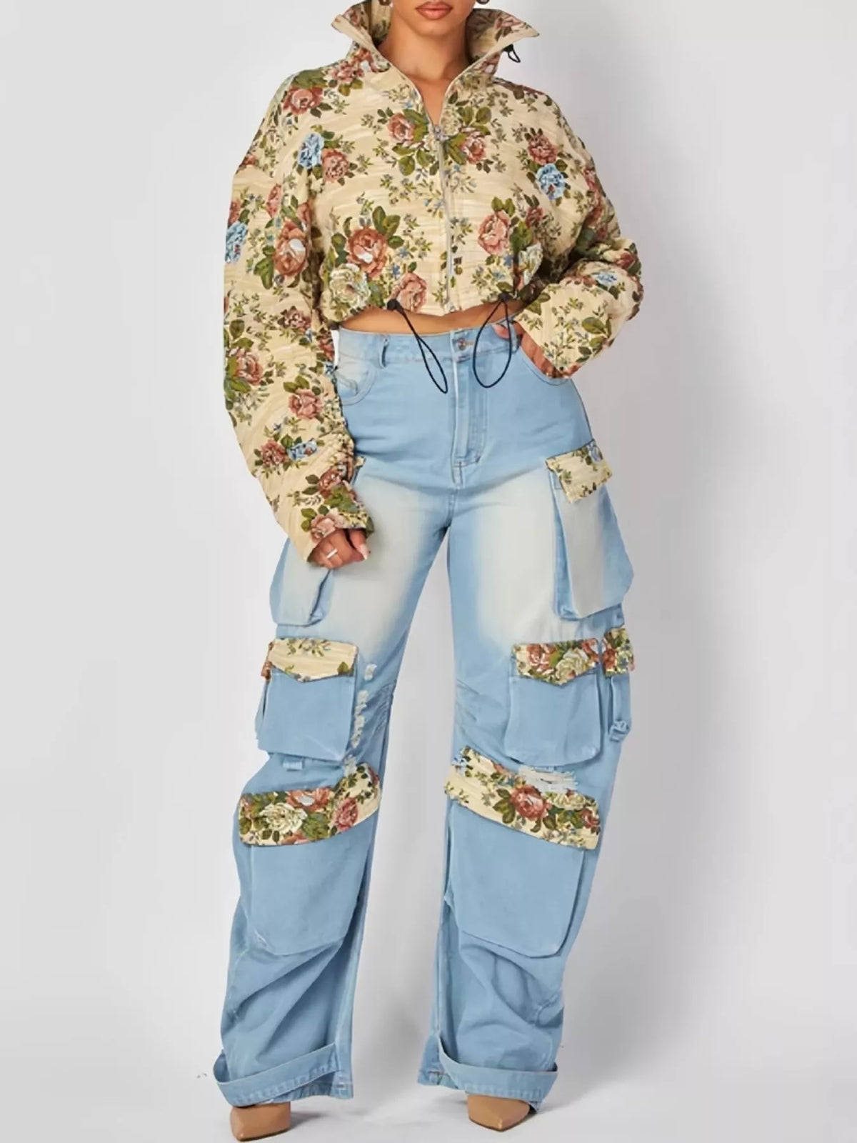 Floral jacket and cargo jeans set, floral cropped jacket and cargo jeans front