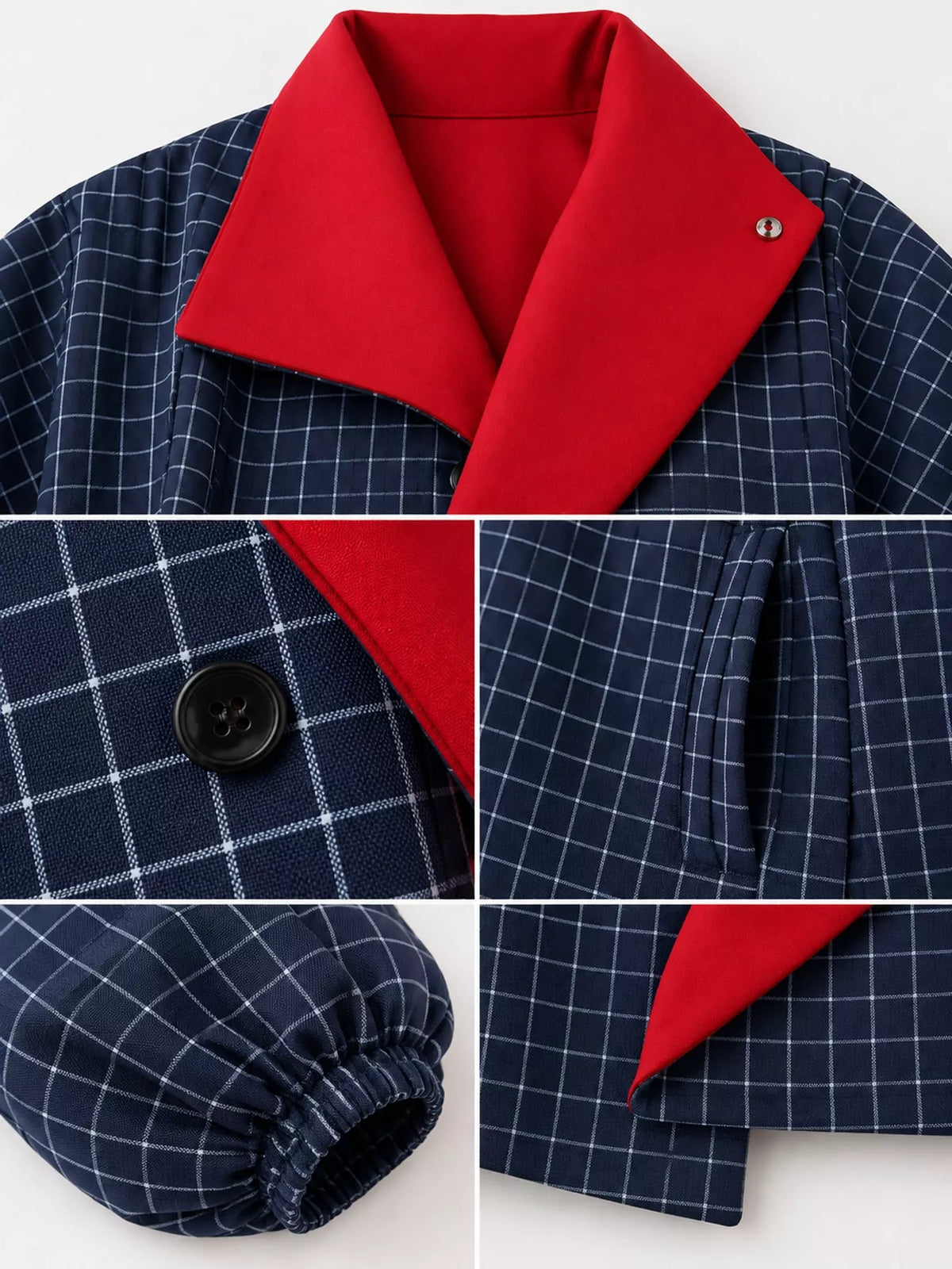 Navy check contrast lapel plaid jacket — design and construction details