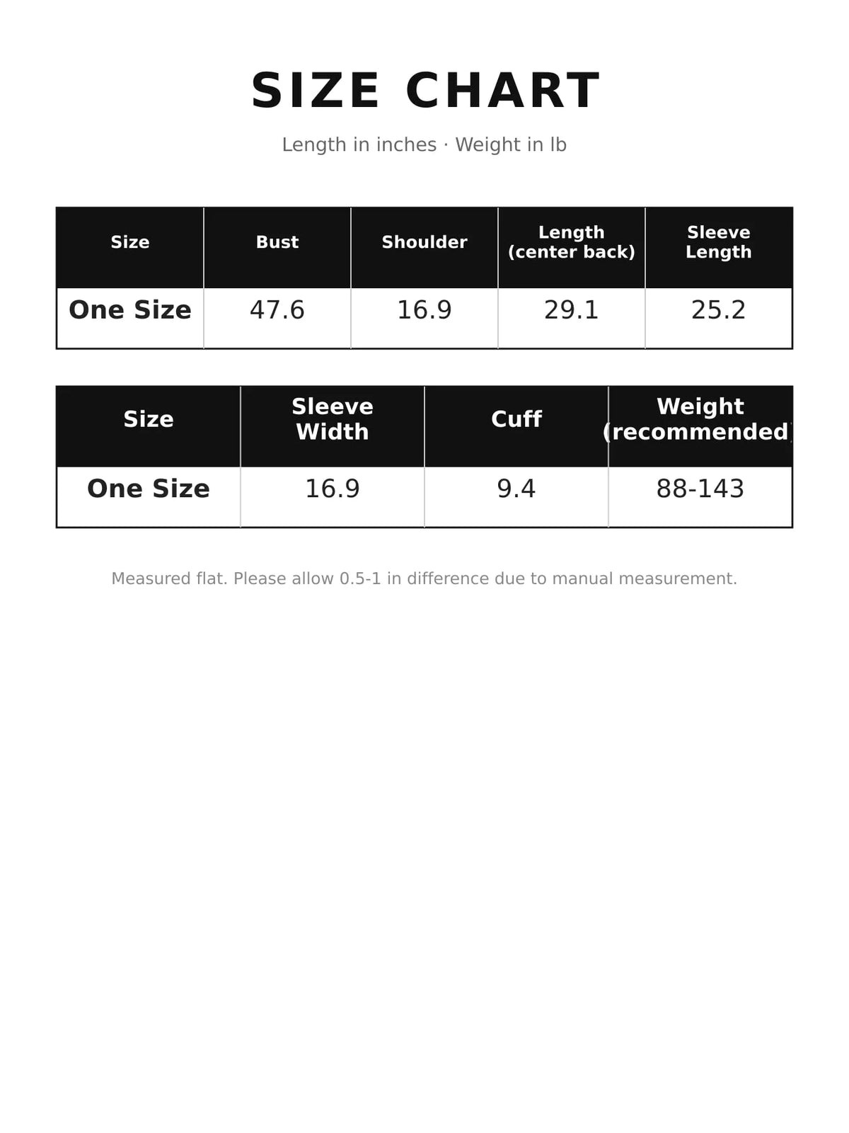 Size chart for snap down long-sleeve denim shirt