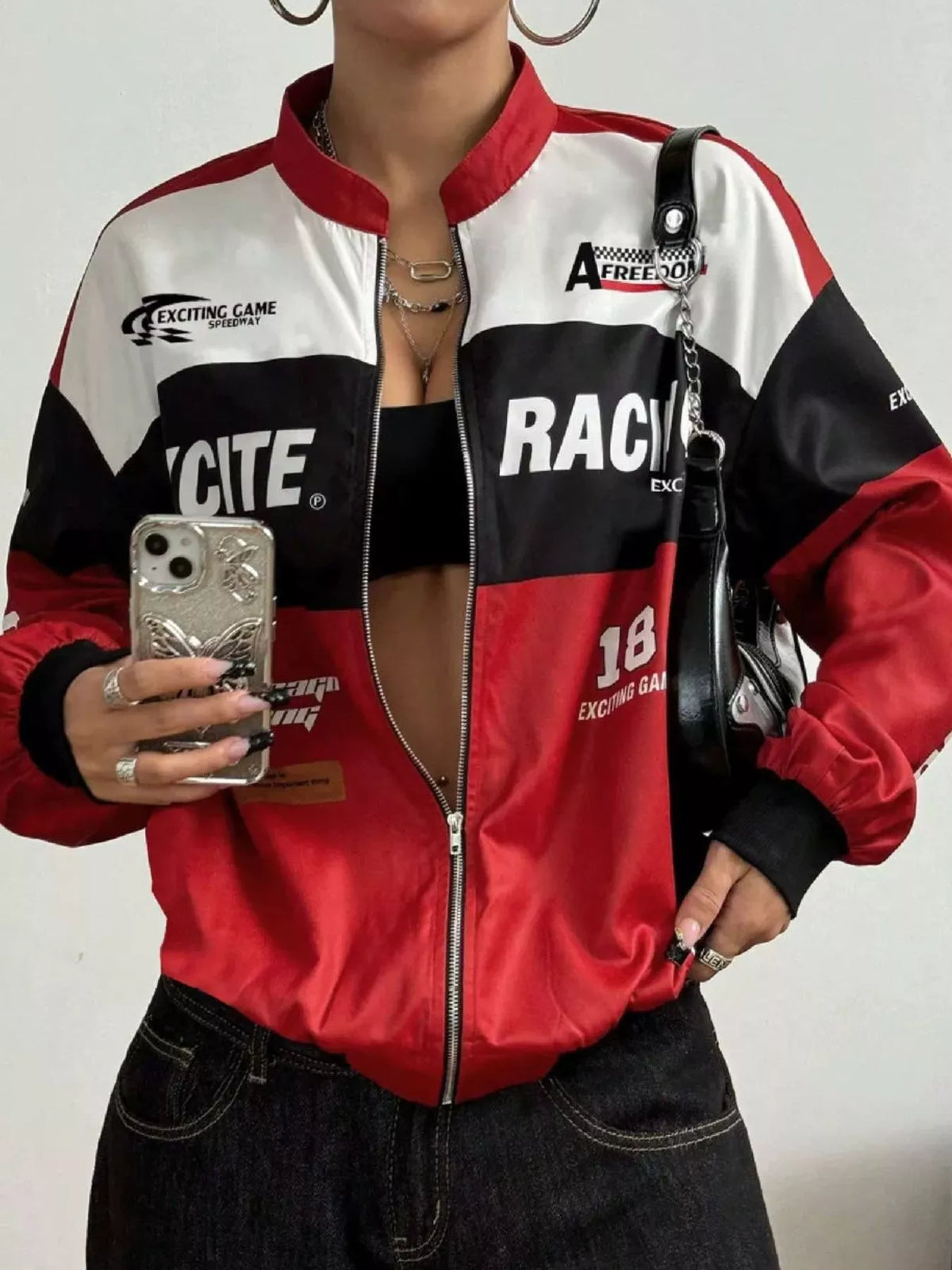 Red and black letter-print zip-front jacket, open front mirror view