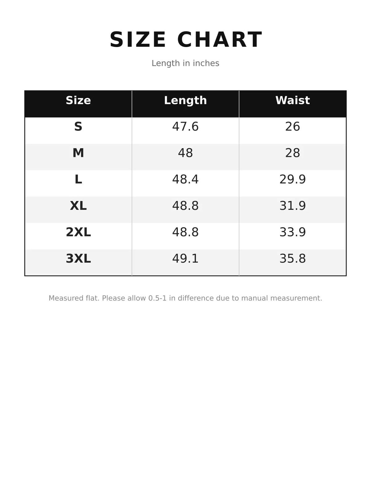 Size chart for ruched dress
