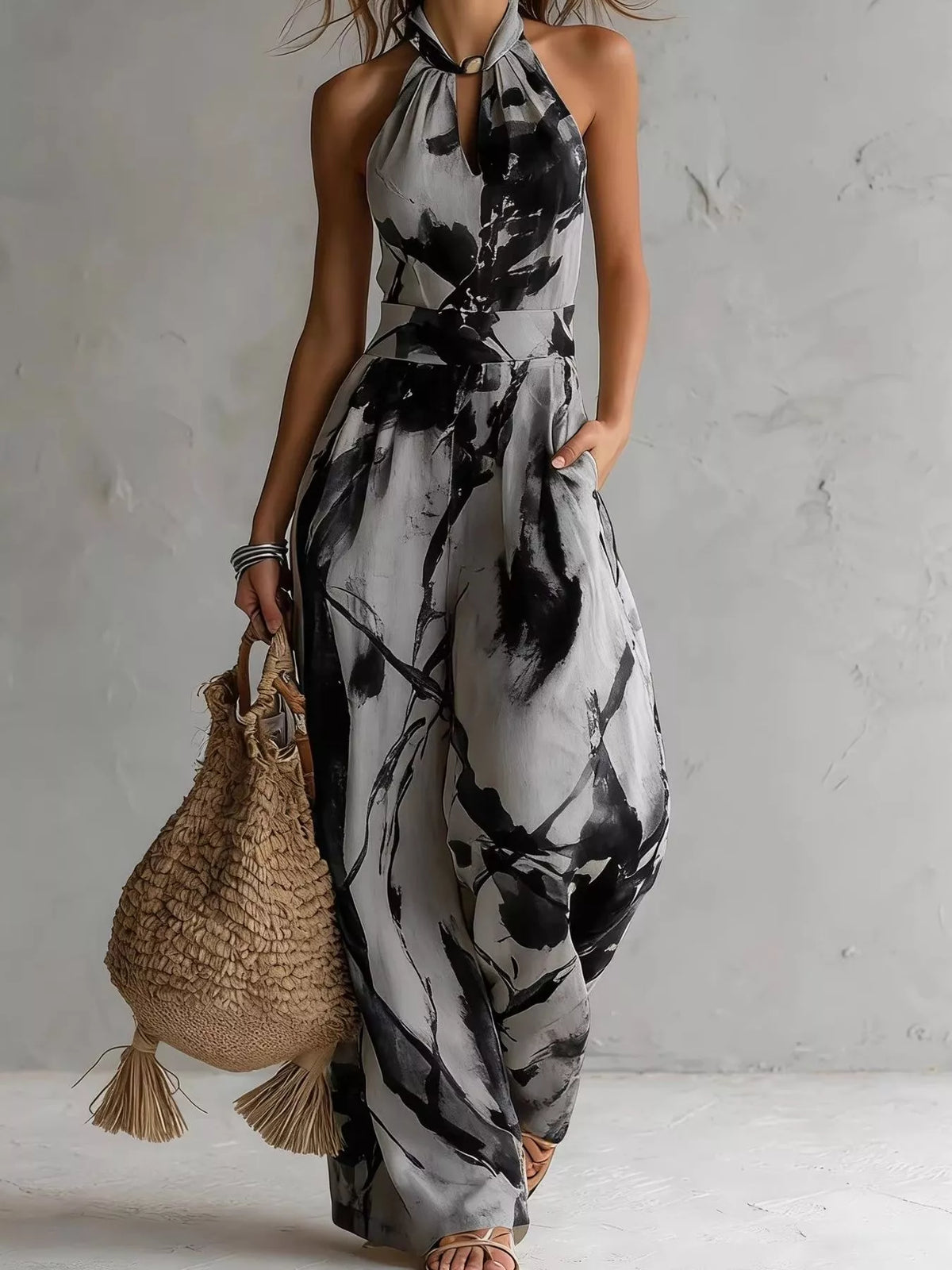 Dark Gray Ink Wash Print Halter Neck Wide-Leg Jumpsuit front view
