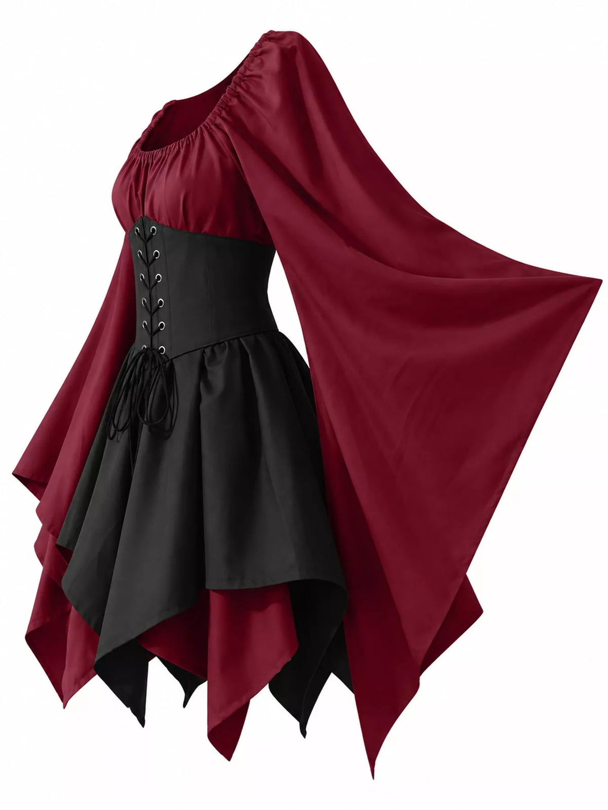 Lace-up asymmetric dress, burgundy black side
