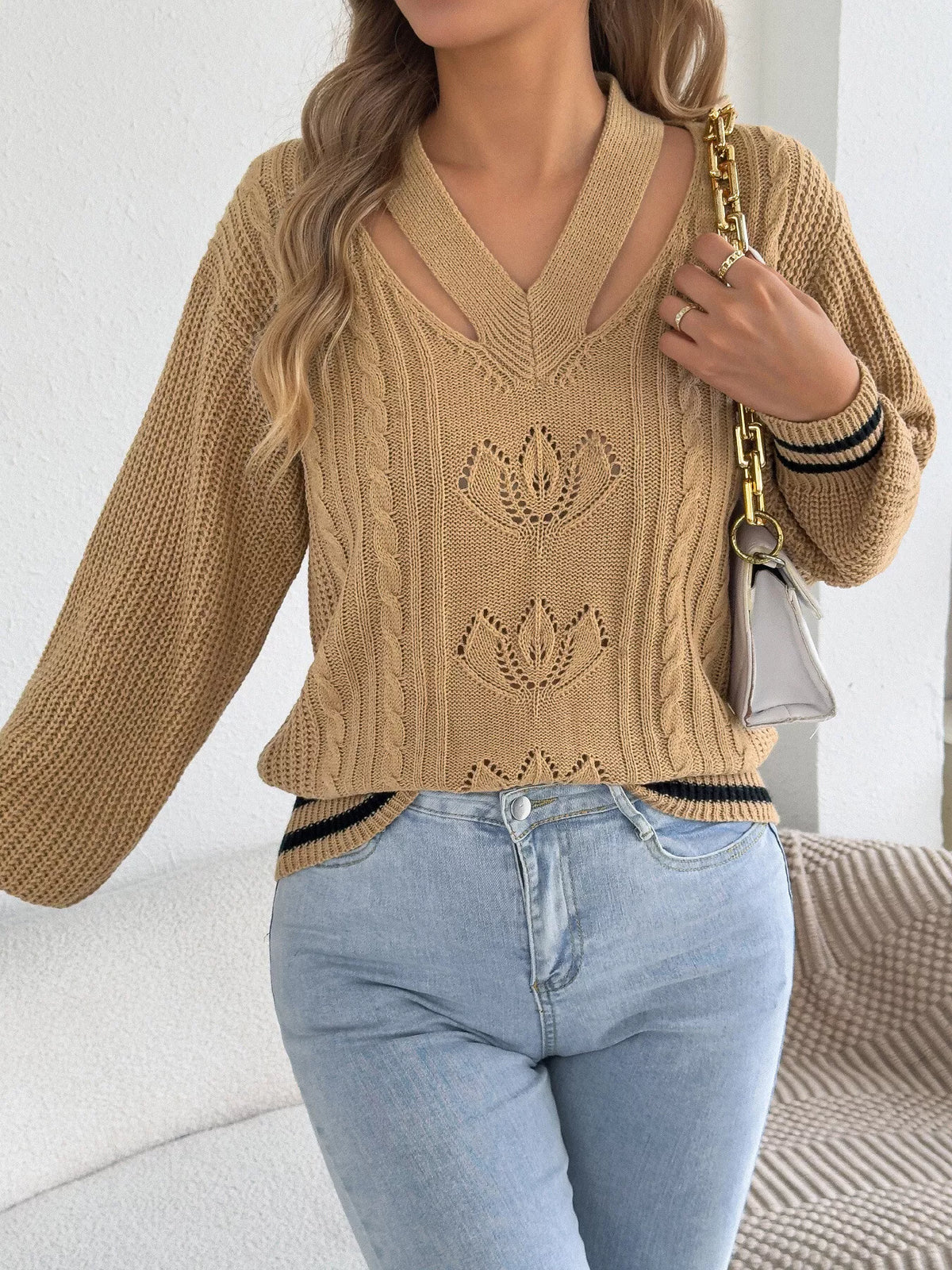 Cutout Cable Knit Sweater in camel, front view