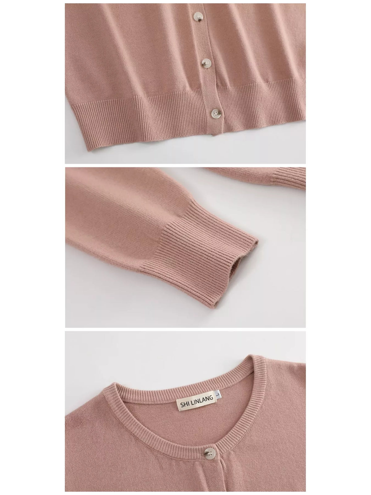 Pink crew neck button down knit cardigan, detail view