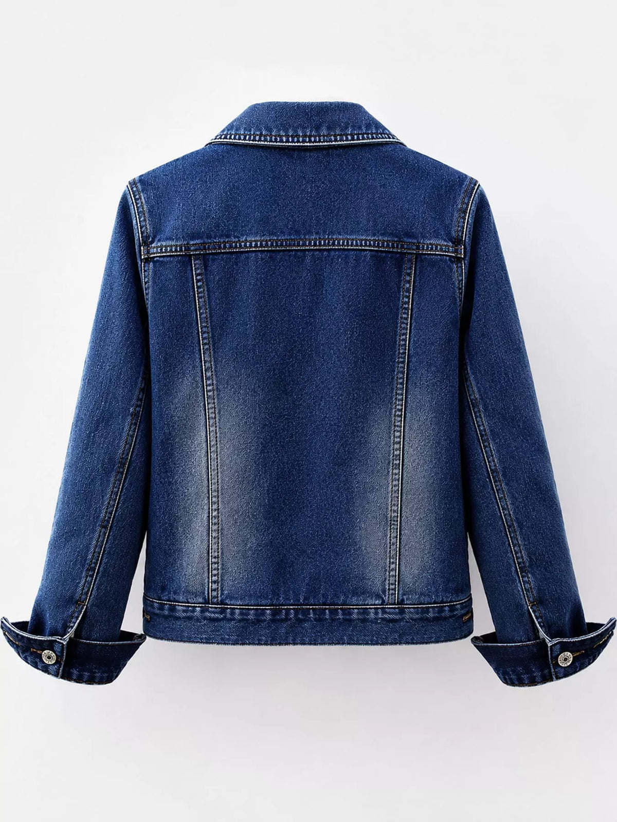 Medium blue distressed denim jacket with sherpa fleece lining, back view