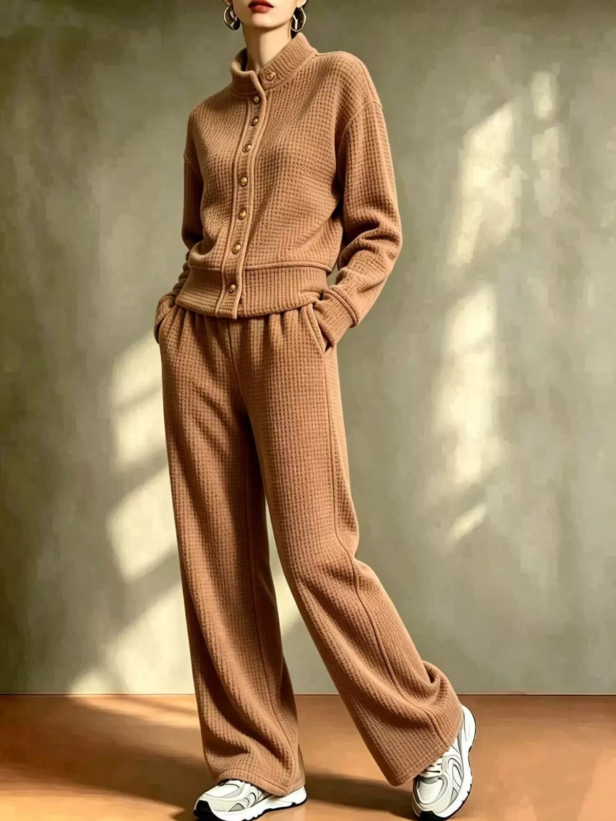 Camel waffle knit button-up outerwear and wide-leg pants set