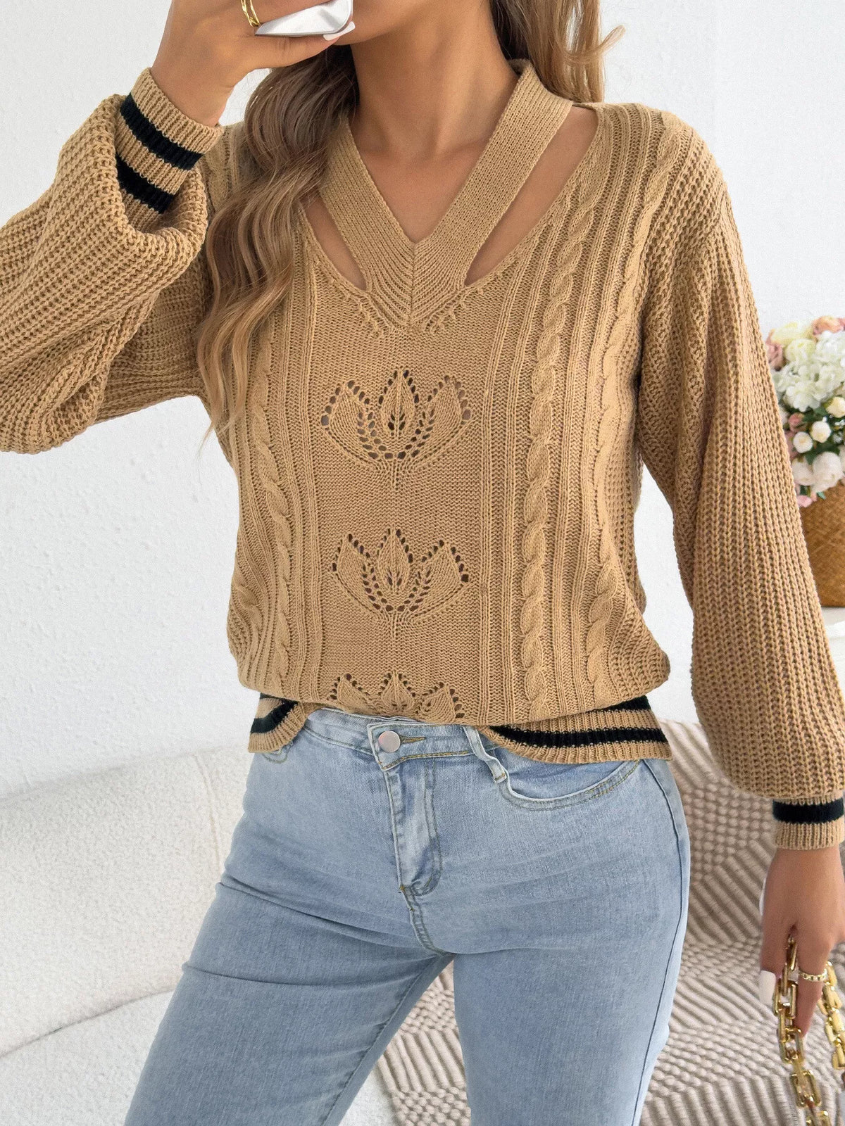 Cutout Cable Knit Sweater in camel, front view