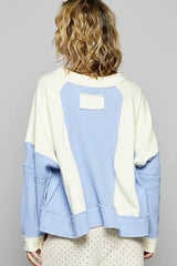Trendsi POL Color Block Waffle Knit Raw Hem Sweatshirt -