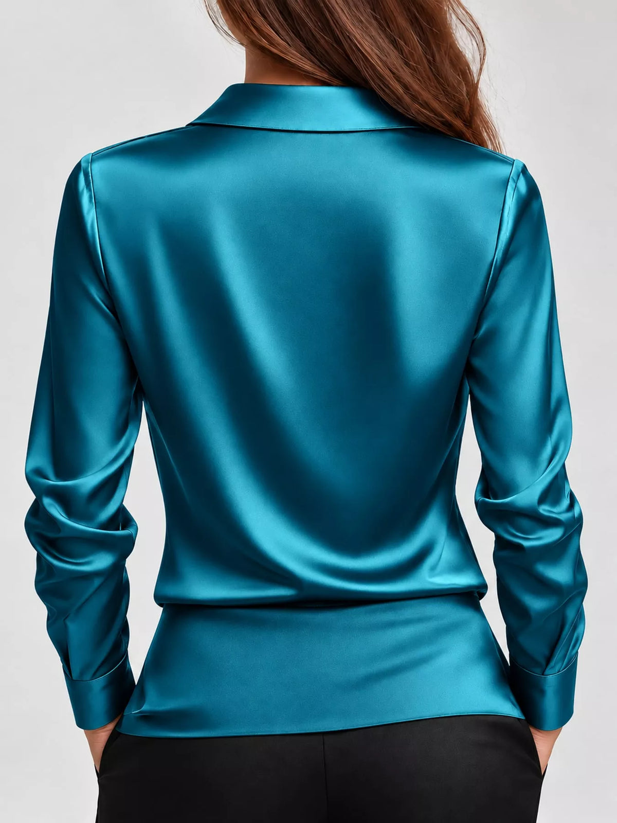 Lake Blue satin cowl neck blouse, back view