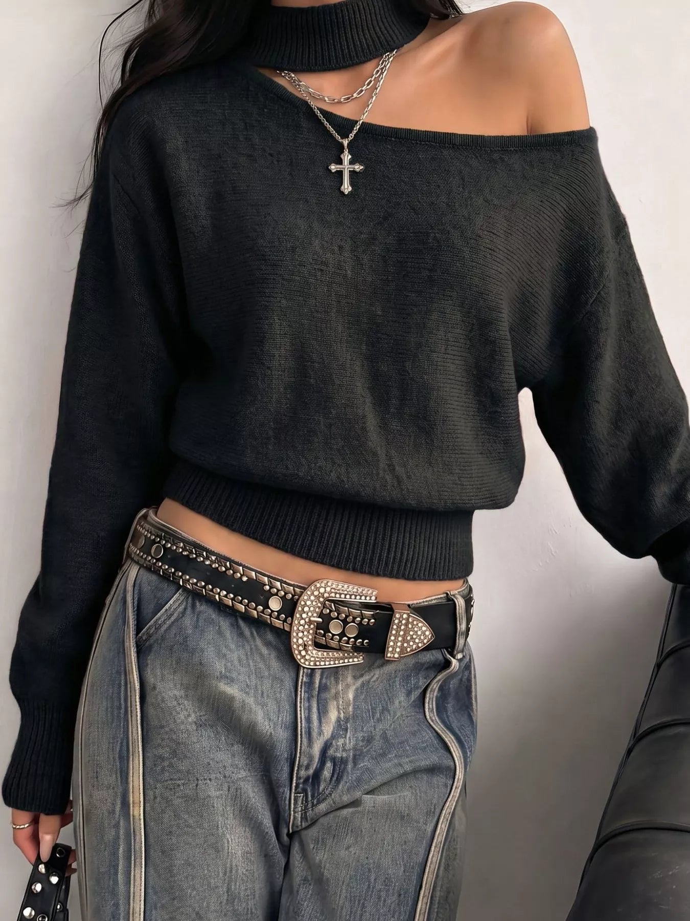 Trendsi Cold-Shoulder Dropped Shoulder Sweater -