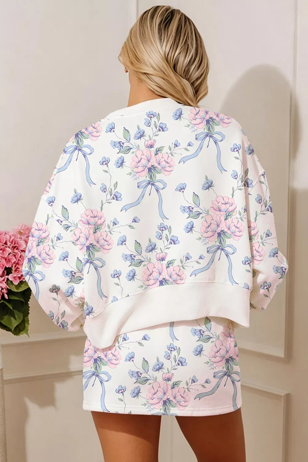 Trendsi Floral Print Long Sleeve Top Elastic Waist Skort Two Piece Set -