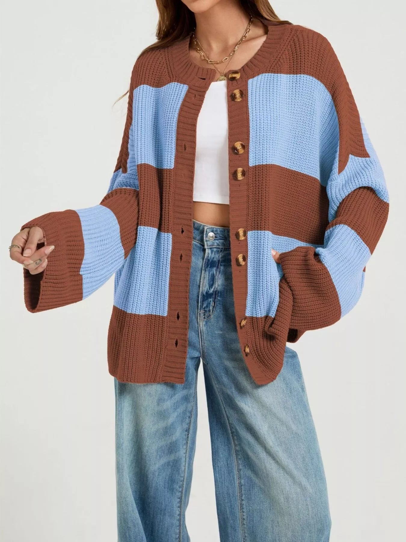 Trendsi Color Block Striped Button-Up Cardigan -